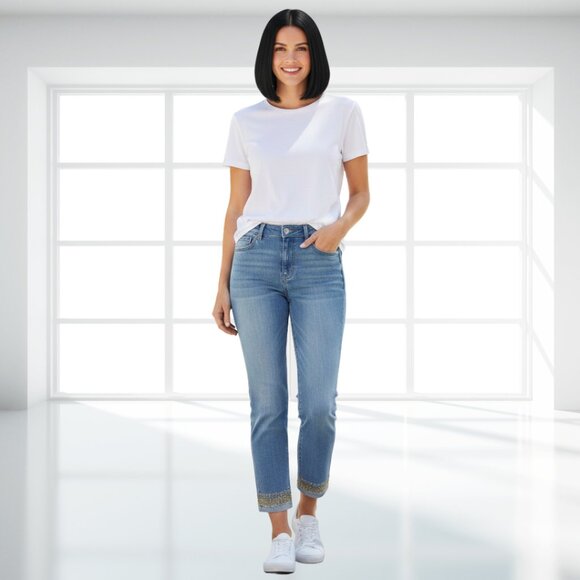 WHBM Mid-Rise Soft Slim Crop Jeans Size 8 Bronze Gold Metallic Cuff Denim - Picture 1 of 12